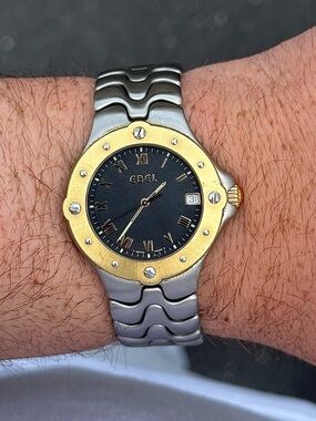 EBEL Sportwave Men's Swiss Quartz Wristwatch 36mm Two-Tone E6187631 Black Dial